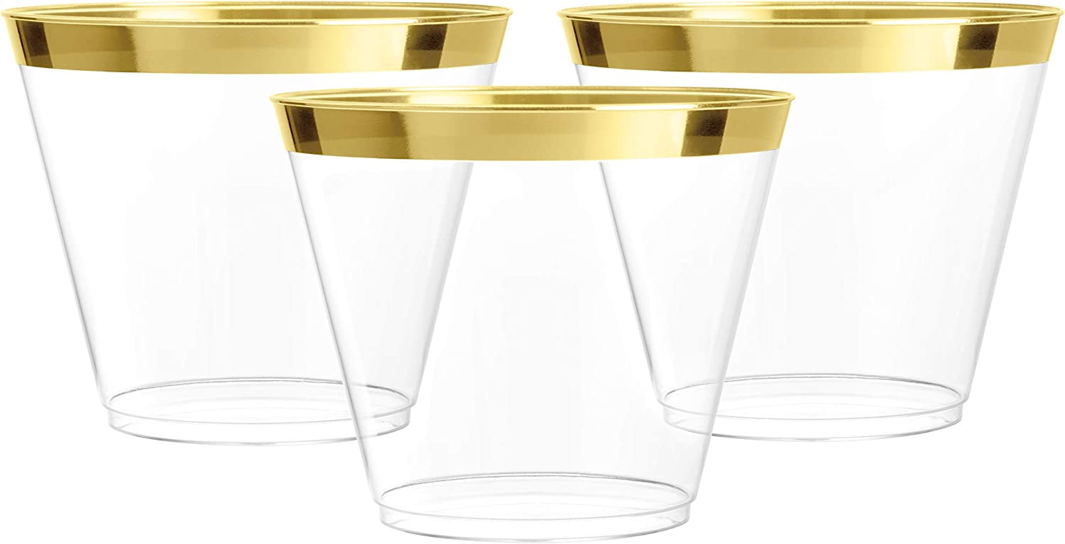 Chateau Fine Tableware 100 Pack 9oz Plastic Cups Gold Glitter with A Gold Rim - Premium Disposable Party Cups - Elegant and Classy Sturdy Cups