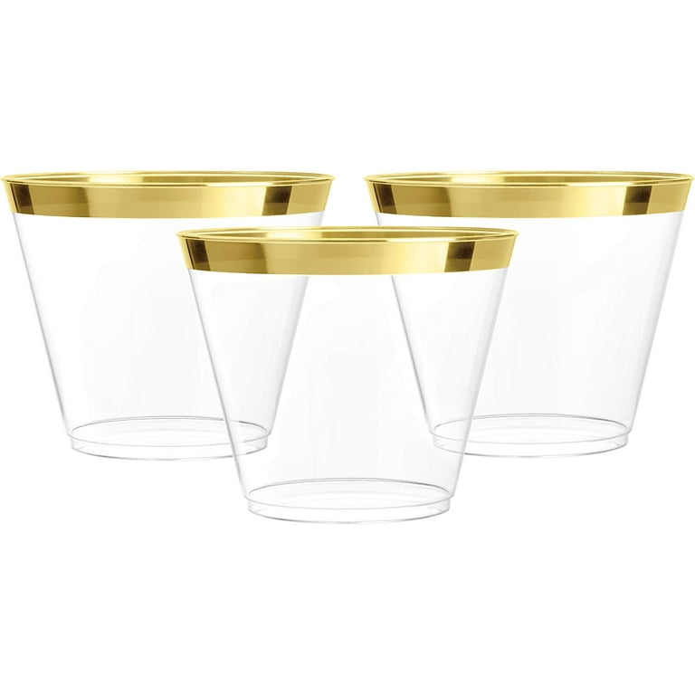 Prestee 100 Gold Plastic Cups | 9 oz | Hard Disposable Cups | Plastic Wine Cups | Plastic Cocktail Glasses | Plastic Drinking Cups | Bulk Party Cups 