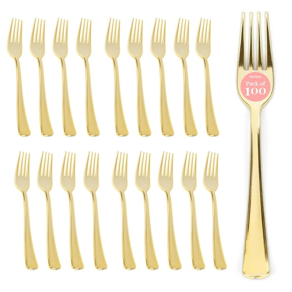 Prestee 100 Gold Plastic Forks Heavy Duty - Elegant Disposable Utensils - Fancy Plastic Silverware for Weddings and Holidays - Heavyweight 7 Inch Gold Forks for Christmas and Special Occasions