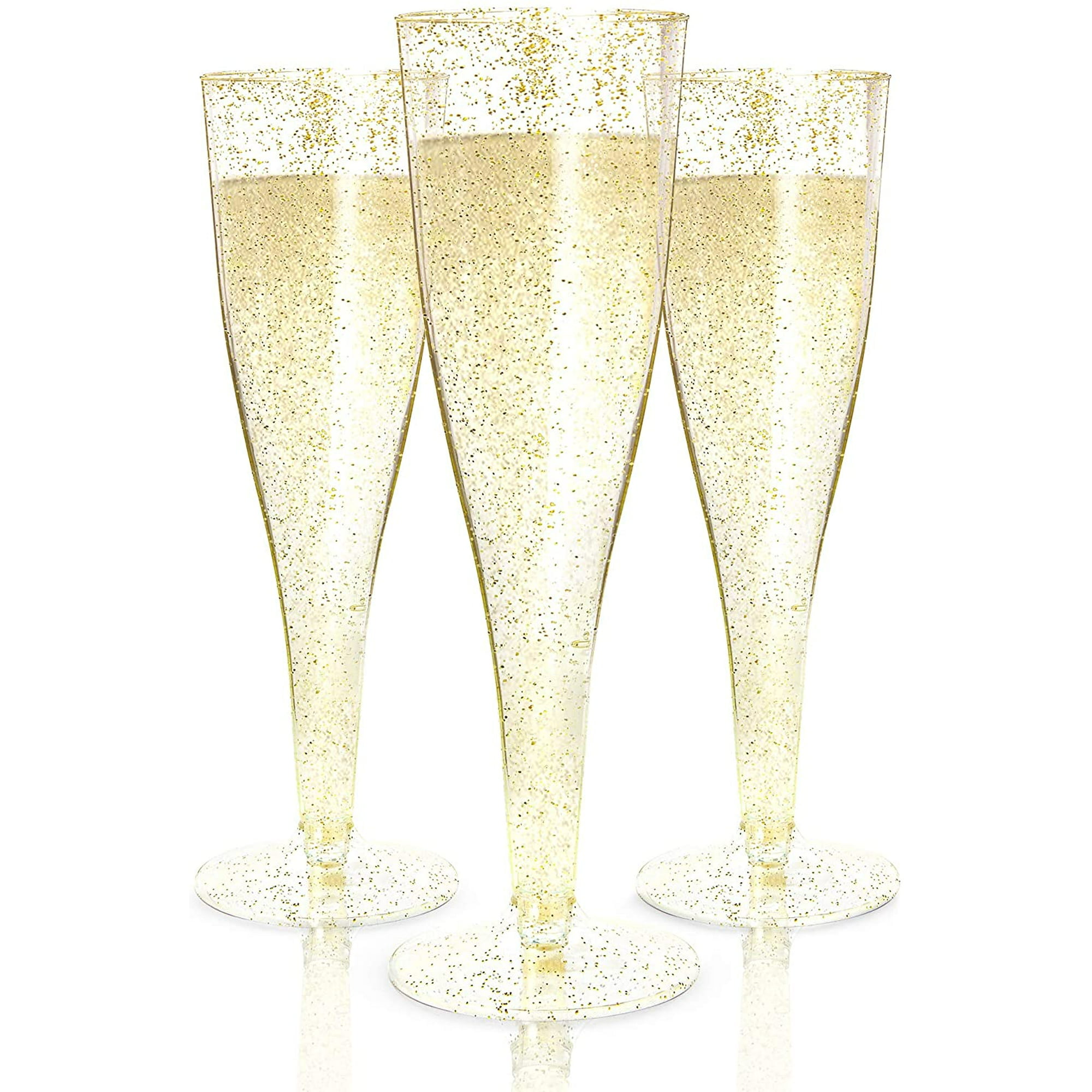 Prestee 100 Plastic Champagne Flutes Disposable | Gold Glitter Plastic Champagne Glasses for Parties | Glitter Clear Plastic Cups | Plastic Toasting Glasses | New Years Eve Party Supplies