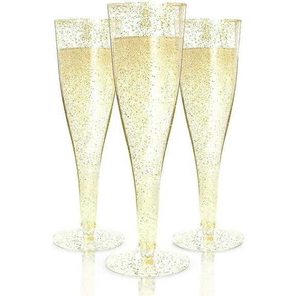 Prestee 100 Plastic Champagne Flutes Disposable | Gold Glitter Plastic Champagne Glasses for Parties | Glitter Clear Plastic Cups | Plastic Toasting Glasses | New Years Eve Party Supplies