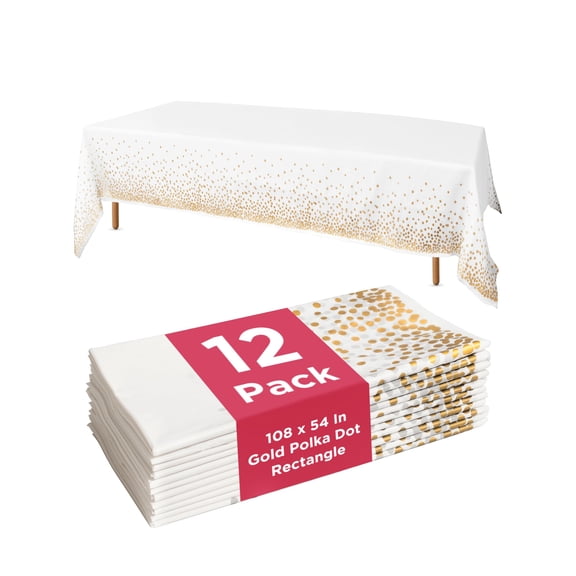Prestee 12-Pack Disposable Tablecloth - Table Cover White and Gold Polka Dot Rectangular, 54x108 Inches - Waterproof, Stain-Resistant Party Table Covers for Weddings, BBQs, Birthdays, and Events