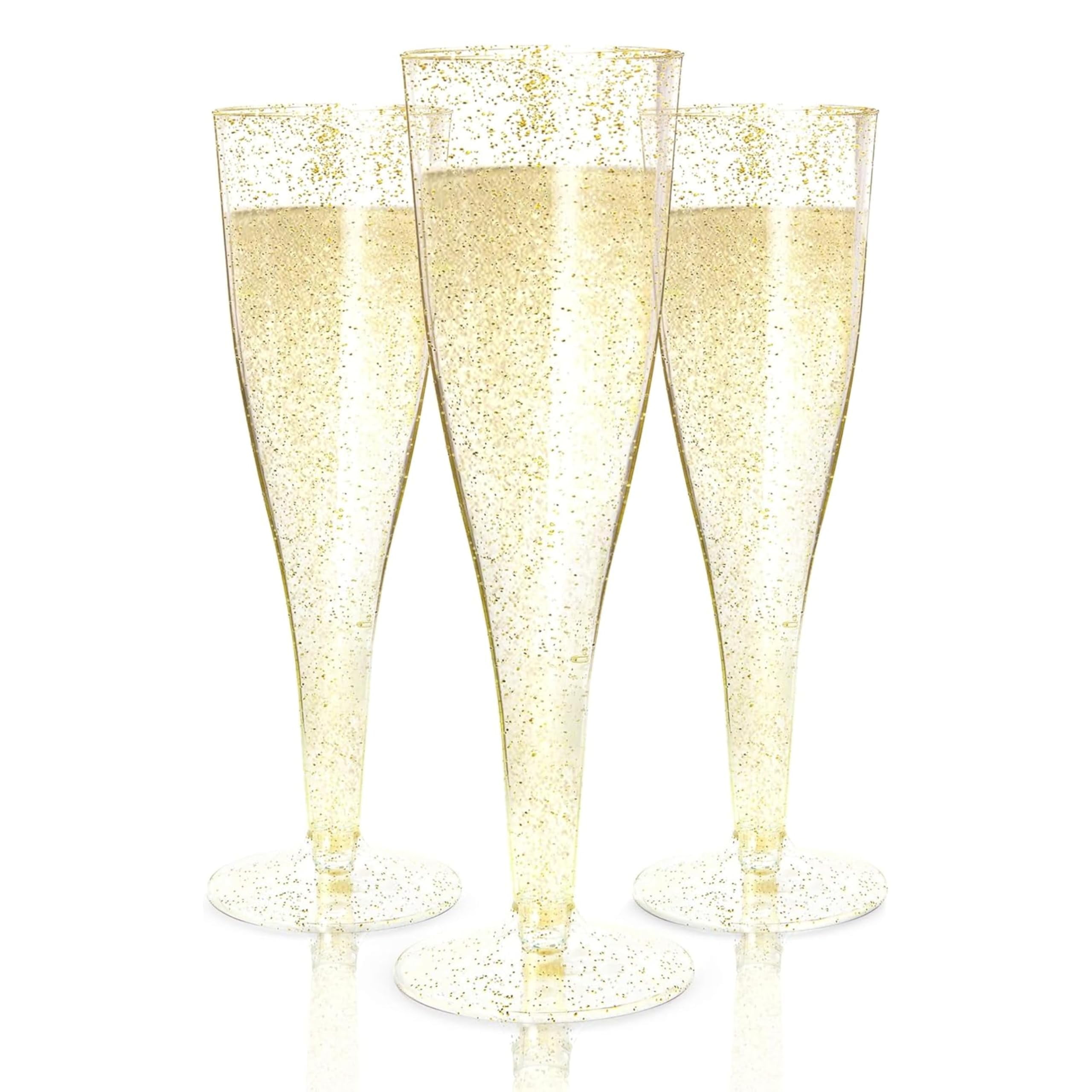 Prestee 200 Disposable Champagne Flutes Gold Glitter Glasses - 6 Oz Plastic Champagne Cups for Parties, Wedding Toasts, Mimosa Bar, and New Years Eve - Elegant Bulk Gold Plastic Wine Flutes