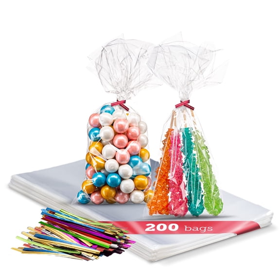 Prestee 200 Pack Clear Cellophane Bags - 4x9 with 4" Twist Ties, Candy & Cookie Gift Bags (Pack of 200)