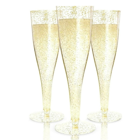 Prestee 24 Plastic Champagne Flutes Disposable | Gold Glitter Plastic Champagne Glasses for Parties | Glitter Clear Plastic Cups | Plastic Toasting Glasses | New Years Eve Party Supplies 2022