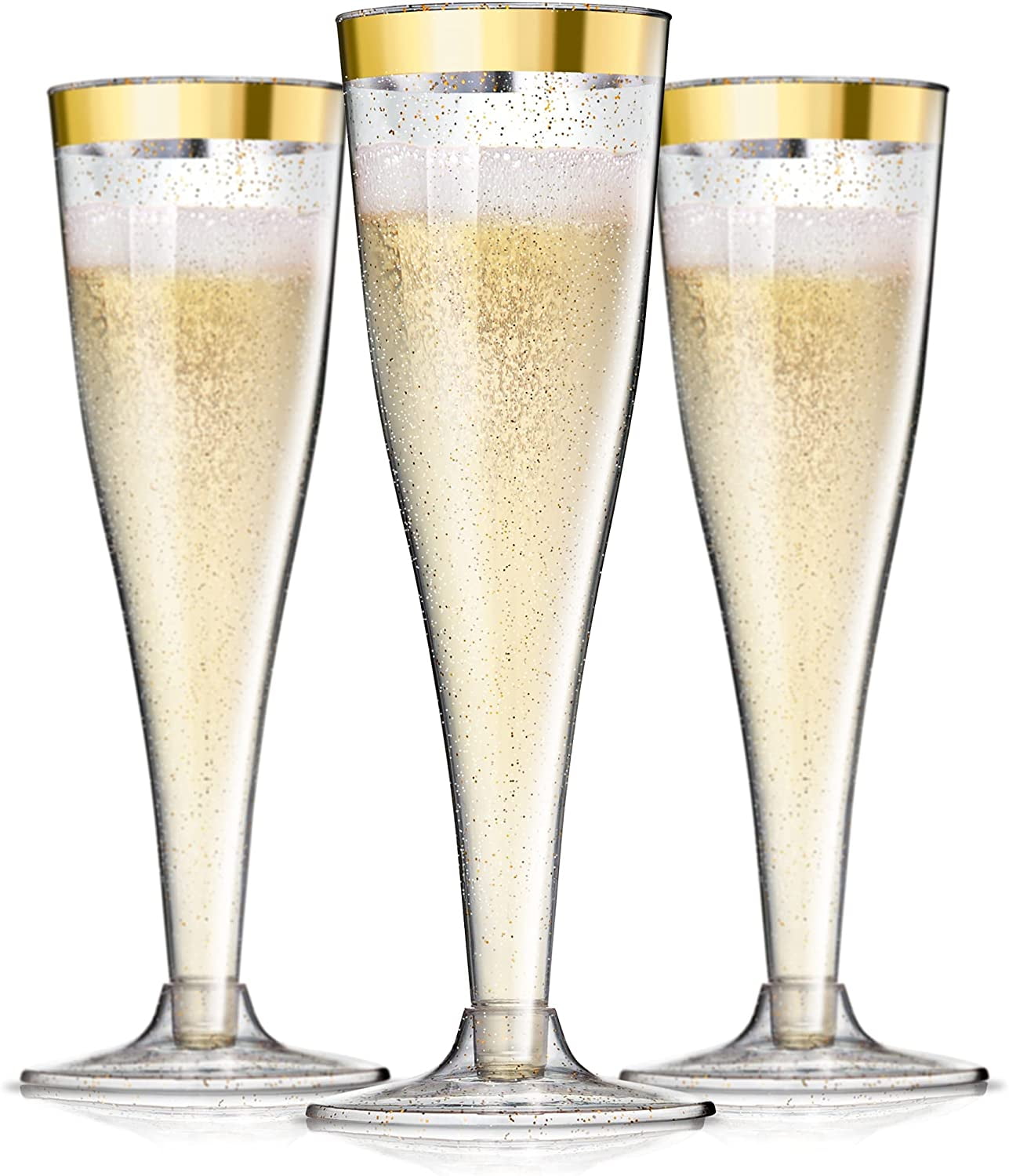 Perfect Settings 9 oz. 2 Line Gold Rim Clear Reusable Plastic Champagne Flutes Glasses Stemless (24/Pack)