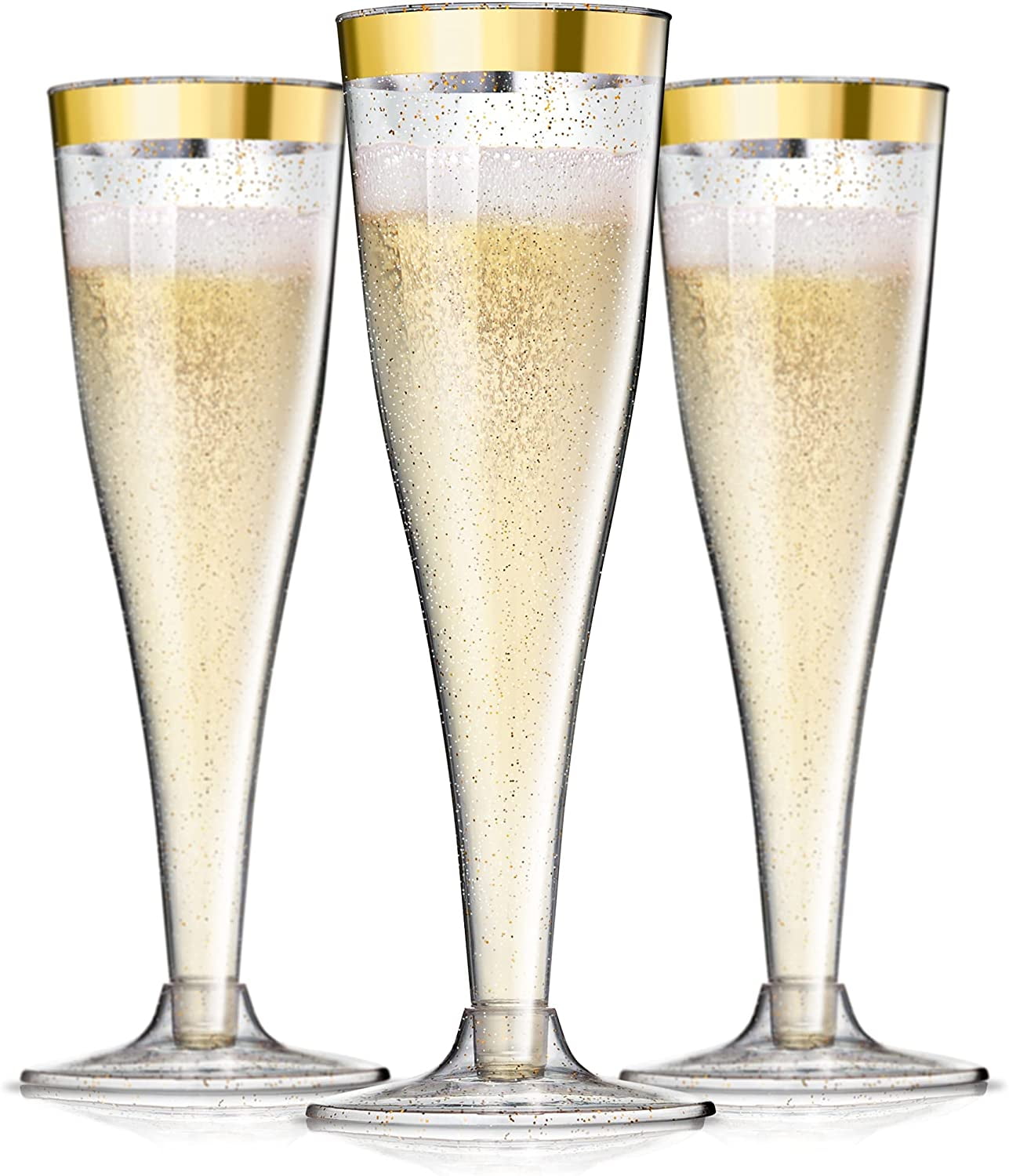 Gold Rimmed Glitter Plastic Champagne Flutes, 24 Pack