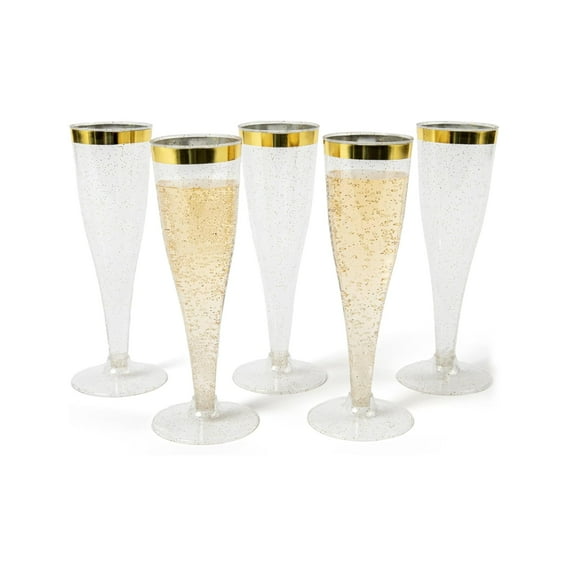 Prestee Set of 24 Plastic Champagne Flutes with Gold Rim - 4.5 oz - Shatterproof Disposable Glasses for Weddings, Cocktail Parties, and Outdoor Celebrations