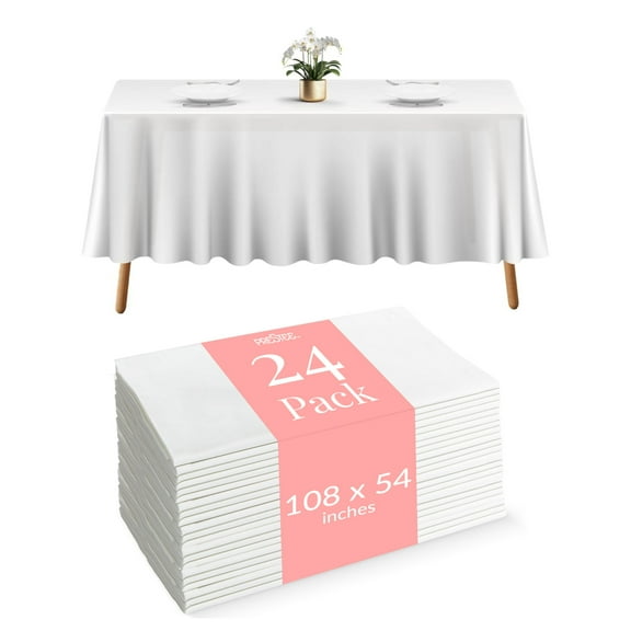 Prestee 24 Plastic Table Cloth Disposable - 108 x 54 White Tablecloth Rectangle - Plastic Table Cover for Parties, BBQs, Weddings, Outdoor Gatherings, and Fine Dining Events