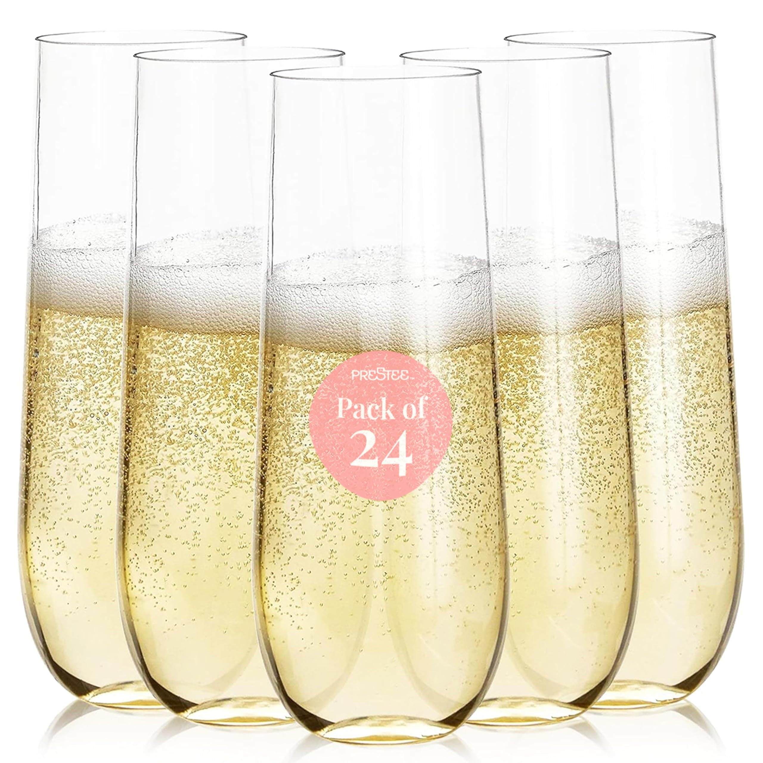 Prestee 24-Pack Stemless Plastic Champagne Flutes - 9 oz Clear Disposable Glasses for Wine, Cocktails, Mimosas - Champagne Flutes Plastic for Parties and Celebrations