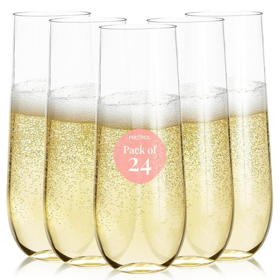 Prestee 24-Pack Stemless Plastic Champagne Flutes - 9 oz Clear Disposable Glasses for Wine, Cocktails, Mimosas - Champagne Flutes Plastic for Parties and Celebrations