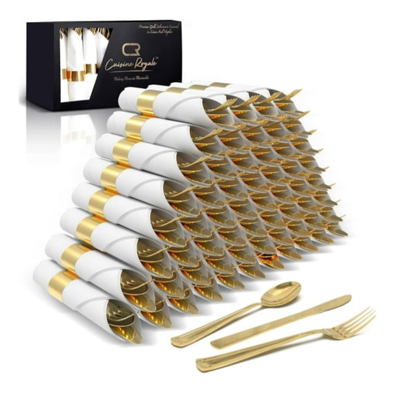 Prestee 25 Pre Rolled Gold Plastic Silverware - 100pc Set, Service for 25 - Wrapped Disposable Set with Forks, Knives, Spoons, White Napkins - Fancy Decorative Flatware for Dinner, Party, Wedding