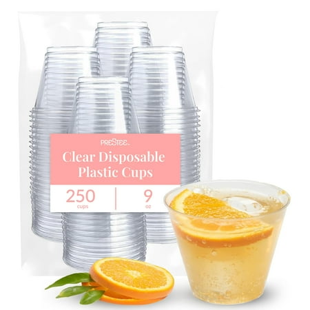 Prestee 250-Pack Clear Disposable Cups - Durable 9 oz Plastic Water Cups for Party, Events, and Catering - Small Glasses for Wine, Cocktails, and Cold Beverages