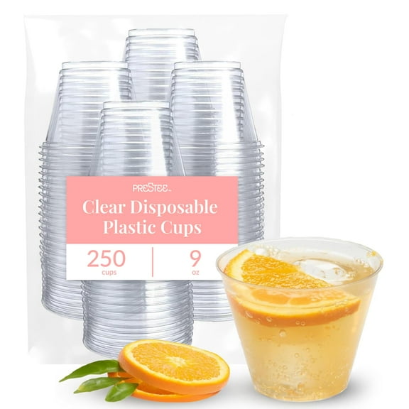 Prestee 250-Pack Clear Disposable Cups - Durable 9 oz Plastic Water Cups for Party, Events, and Catering - Small Glasses for Wine, Cocktails, and Cold Beverages