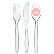Prestee 300-Piece Plastic Cutlery Set - 100 Each of Clear Plastic Forks, Knives, Spoons - Heavy Duty Silverware for Parties - Disposable Utensils for Weddings and Buffets