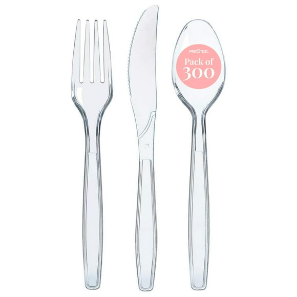 Prestee 300-Piece Plastic Cutlery Set - 100 Each of Clear Plastic Forks, Knives, Spoons - Heavy Duty Silverware for Parties - Disposable Utensils for Weddings and Buffets