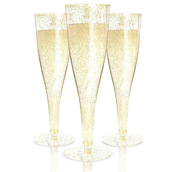 Prestee 48 Champagne Flutes Plastic - Disposable Champagne Flute - Gold Glitter Plastic Champagne Glasses for Parties - Mimosa Bar, Wedding, Shower Party, New Years Eve Party Supplies 2024 (Gold)