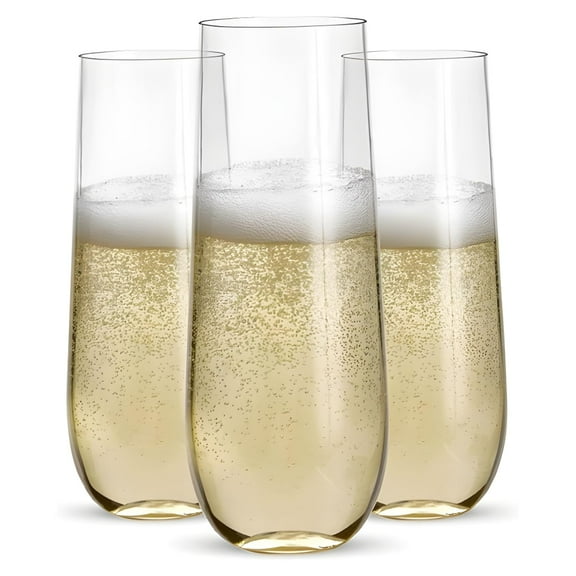 Prestee 48 Pack Heavy Duty Stemless Plastic Champagne Flutes 9 Oz - Clear Disposable Cocktail Glasses, Shatterproof Plastic Wine Glasses, Suitable for New Years Eve Party Supplies, Mimosa Bar