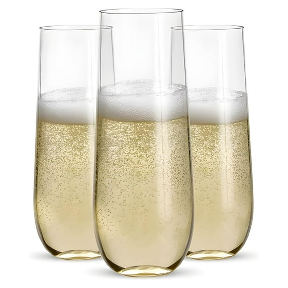 Prestee 48 Pack Heavy Duty Stemless Plastic Champagne Flutes 9 Oz - Clear Disposable Cocktail Glasses, Shatterproof Plastic Wine Glasses, Suitable for New Years Eve Party Supplies, Mimosa Bar