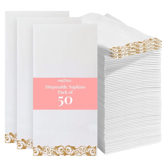 Prestee 50 Pack Disposable Hand Towels for Bathroom - Elegant Linen Feel Paper Napkins, White and Gold Decorative Guest Towels for Bathroom, Wedding, and Party Use, Elite-Quality and Absorbent