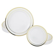 Prestee 50-Piece Plastic Plates Disposable Set - White with Gold Rimmed Plastic Plate for Parties, Holidays, Weddings - Includes 25 Dinner Plates and 25 Small Salad Platter - Ideal Thanksgiving Plate