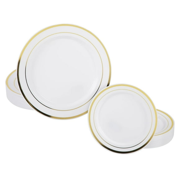 Prestee 50-Piece Plastic Plates Disposable Set - White with Gold Rimmed Plastic Plate for Parties, Holidays, Weddings - Includes 25 Dinner Plates and 25 Small Salad Platter - Ideal Thanksgiving Plate