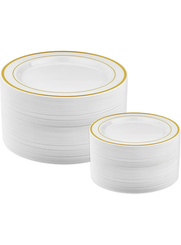 Prestee 50 Piece Gold Plastic Plates - 25 Dinner Plates and 25 Salad Plates | Plastic Plates For Parties | Gold Plates | Party Plates | Wedding Plates | Disposable Plates For Parties
