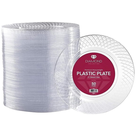 Prestee 50-Pieces Heavy Duty Disposable Plates - 9-Inch Clear Plastic Plates for Party, Weddings, Holidays, or Everyday Use - Durable, Elegant, Stylish Plastic Dinnerware for Any Occasion Y101