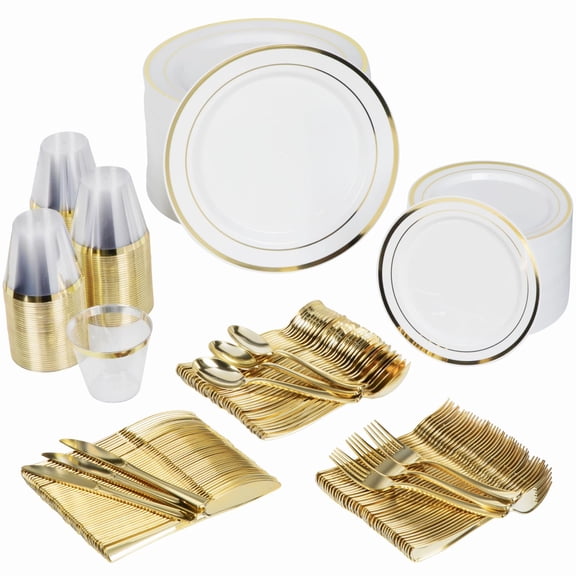 Prestee 600-Piece Disposable Party Dinnerware Set AFN1for 100 Guests - Gold Silverware Disposable with Plates, Cups, Knives, Forks, Spoons - Elegant Reusable Wedding Reception and Events Supplies