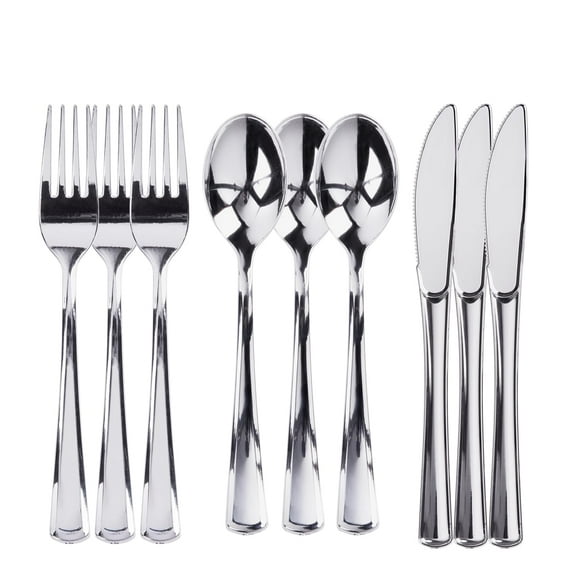 Prestee 600 Plastic Silverware Set, Silver Plastic Utensils, Disposable Flatware Set with Plastic Forks 200, Spoons, Knives, Heavy-Duty Bulk Silverware Set for Christmas Parties and Events