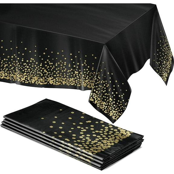 Prestee Black Plastic Tablecloth - 4 Pack - 54 X 108 | Gold Dot Disposable Tablecloths | Plastic Tablecloth | Black Tablecloths | Black and Gold Tablecloth