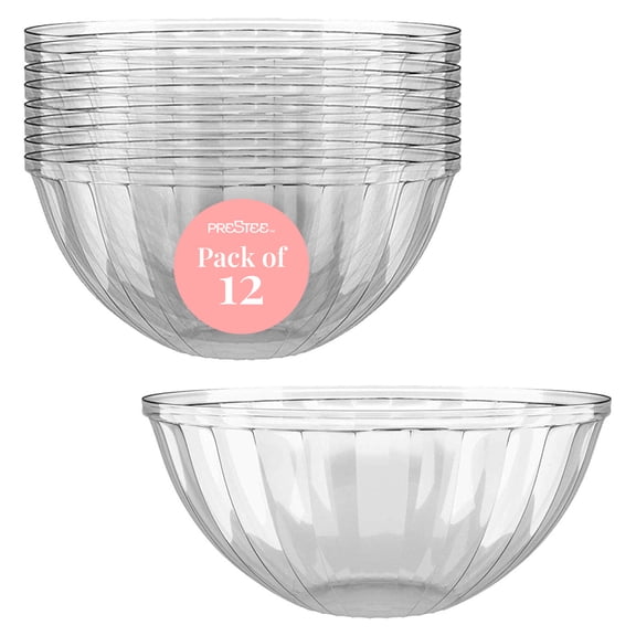 Prestee Clear Plastic Serving Bowls | 48 Oz. 12 Pack | Round Disposable Serving Bowls | Clear Chip Bowls | Party Snack Bowls | Plastic Candy Dish | Salad Serving Containers