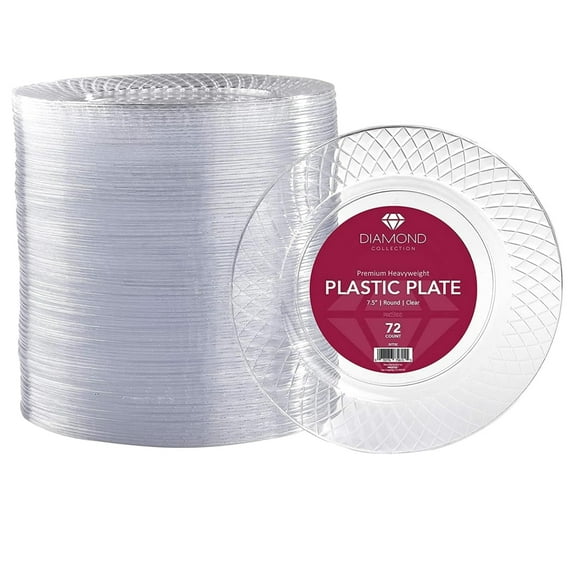 Prestee Disposable Plates, 72ct - 7.5-inch Heavy Duty Clear Plastic Plate - Cake, Salad, Appetizer, Dinner, Dessert Plates - Wedding, Holidays, Easter Party Plate - Event Supplies