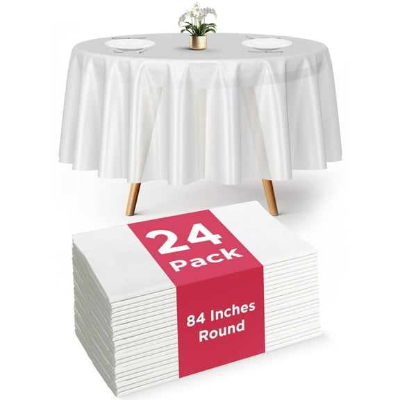 Prestee Plastic Round Tablecloths 84 Inches, 24 Pack White Disposable Table Cloths for Parties, Waterproof and Stain-Resistant Round Table Covers for Weddings, Holidays, Events, and Fine Dining