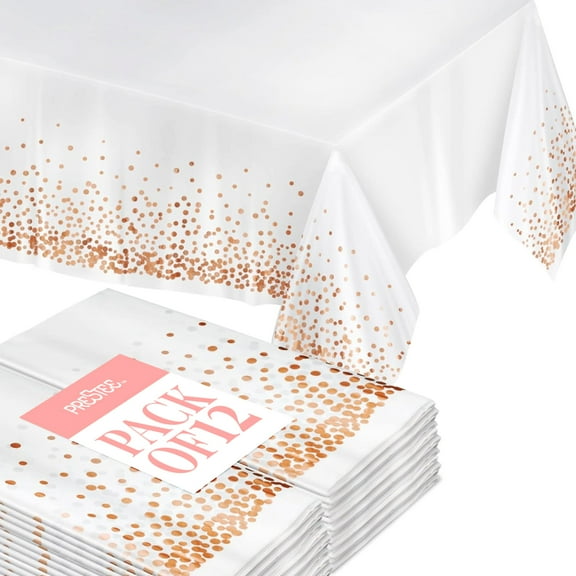 Prestee Rose Gold Plastic Rectangle Tablecloths Pack of 12 - 54" x 108" Disposable Table Cloths for Parties, Heavy-Duty Waterproof and Stain-Resistant Tablecloth for Thanksgiving, Weddings, Holidays