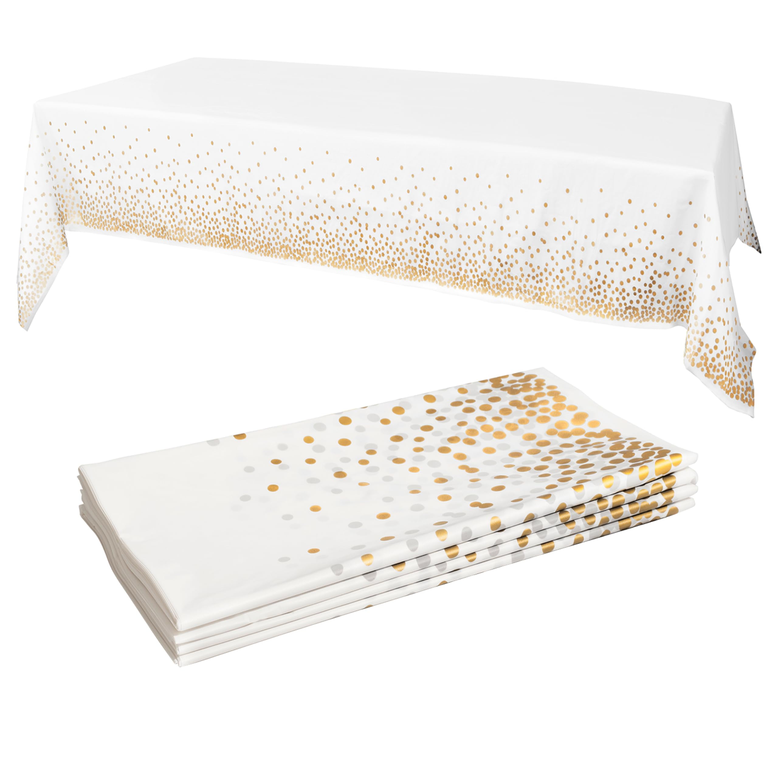 Prestee White and Gold Tablecloths, 4pk, 54x108 Inches - Party Table Cloths Disposable - Gold Dot Disposable Tablecloths - Plastic Table Cloth - Engagement Party Decorations, Baptism Decorations