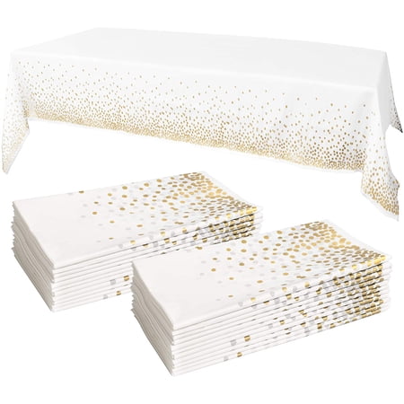 Prestee White Plastic Tablecloths - 12 Pack - 54 X 108 | Gold Dot Disposable Tablecloths | Plastic Tablecloth | White Tablecloths | Plastic Table Cover