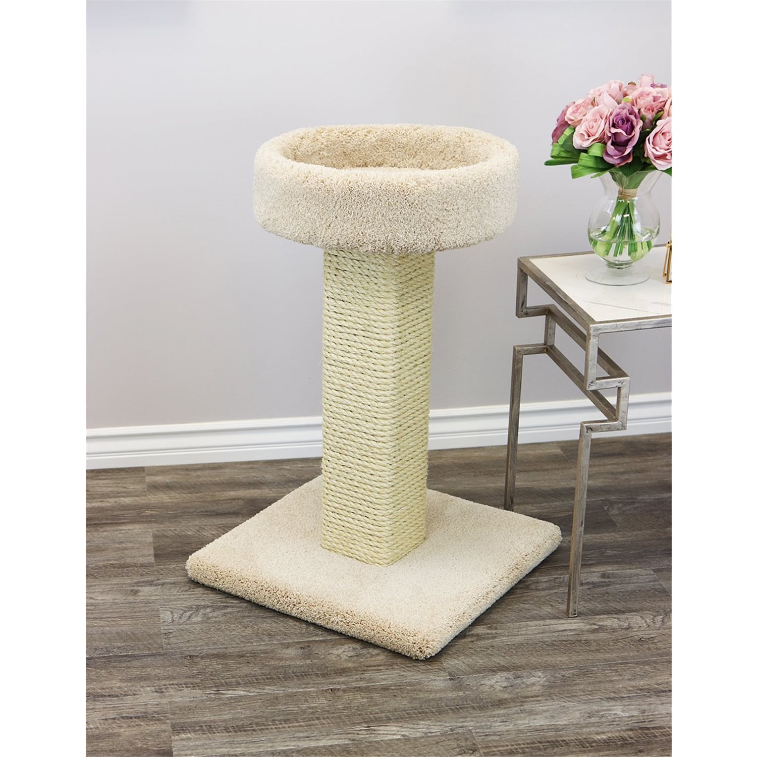 Beige Sisal Rope and Wood Cat Scratching Post with Perch