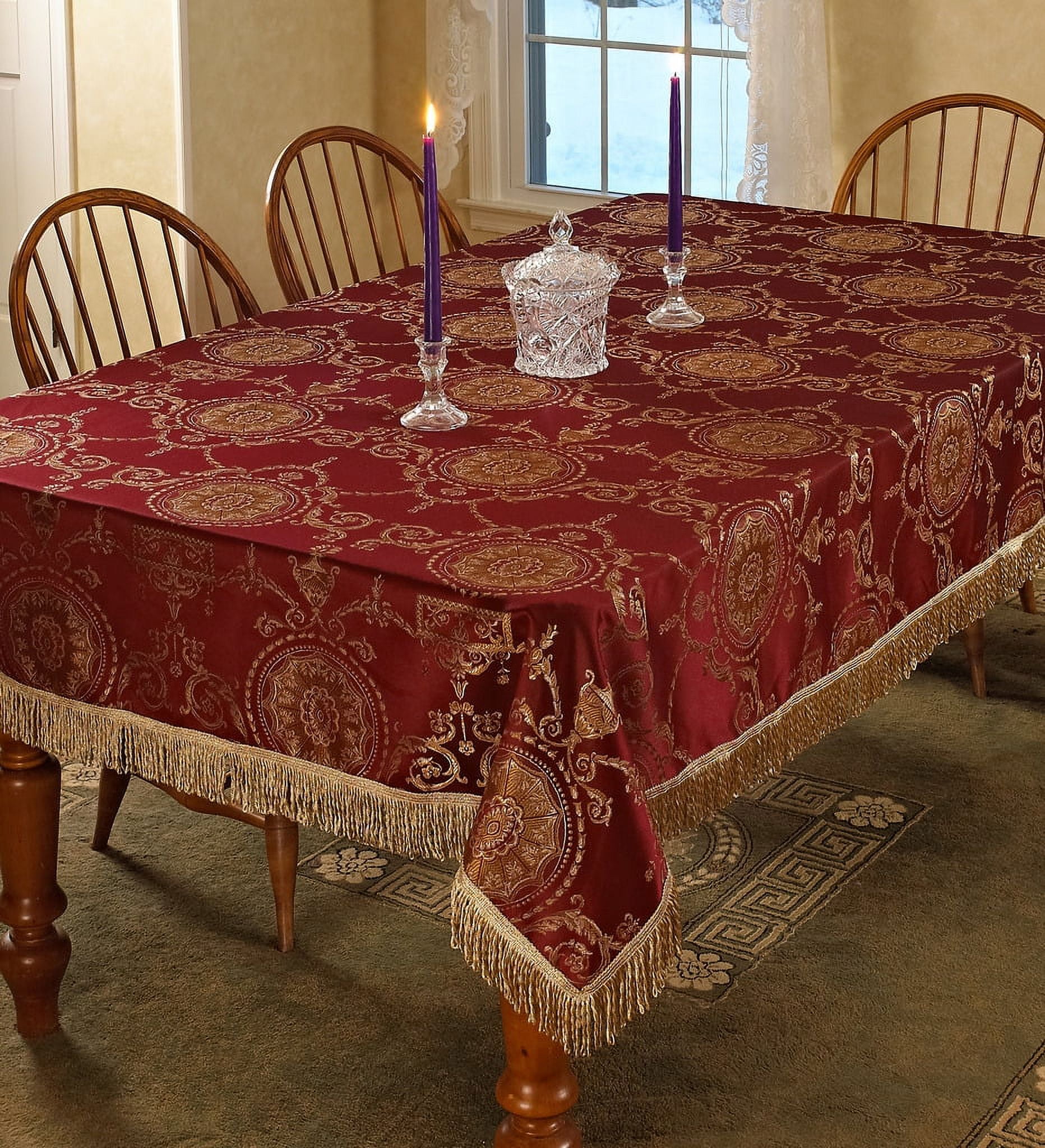 Burgundy and Gold Damask Rectangular Tablecloth with Lace Fringe