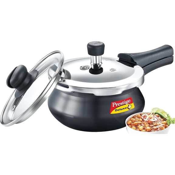 Prestige Deluxe Duo Plus Induction Base Hard Anodized Pressure Cooker Glass Lid, 1.5 Litre, Black