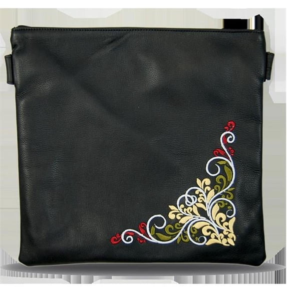 Prestige Embroidery 190-BK-DBL Leather Tefillin Bag with Floral Corner Design, Black - Double Chabad
