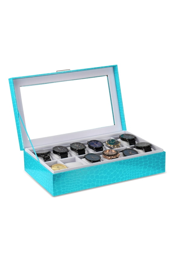 Premium Turquoise 12 Slot Watch Case Elegant Design Watch Box for Men, Luxurious Watch Holder, and Display Case, window Lid, with Removable Pillows for all size watches,