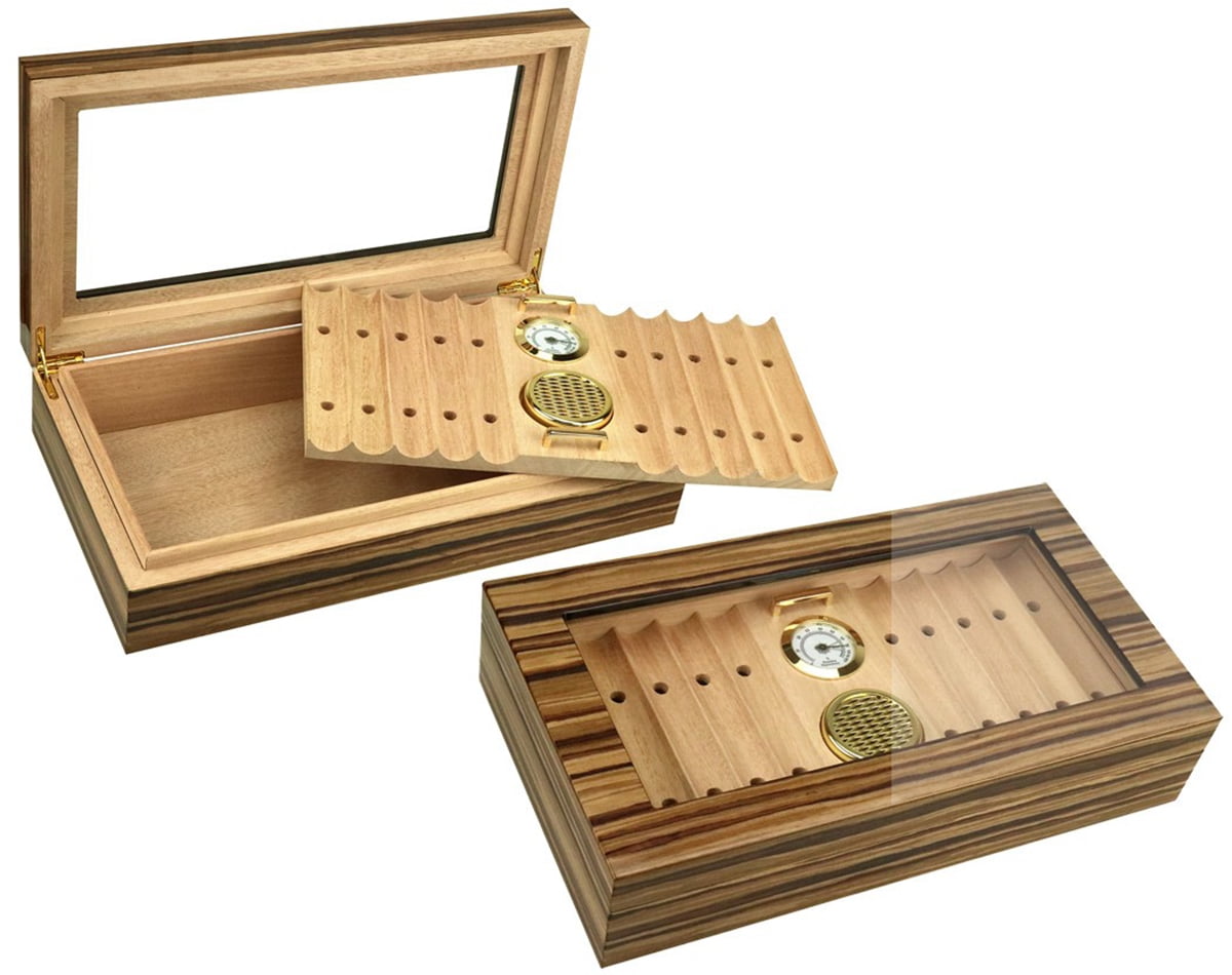 Prestige Import Group - Braydon Glass Top Contemporary Desktop Cigar Humidor with Removable Ventilated Cigar Bed, Humidifier, Hydrometer - African Obeche Techwood Lacquer Finish - Capacity: 25 to 50