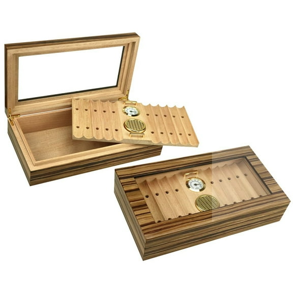 Prestige Import Group - Braydon Glass Top Contemporary Desktop Cigar Humidor with Removable Ventilated Cigar Bed, Humidifier, Hydrometer - African Obeche Techwood Lacquer Finish - Capacity: 25 to 50