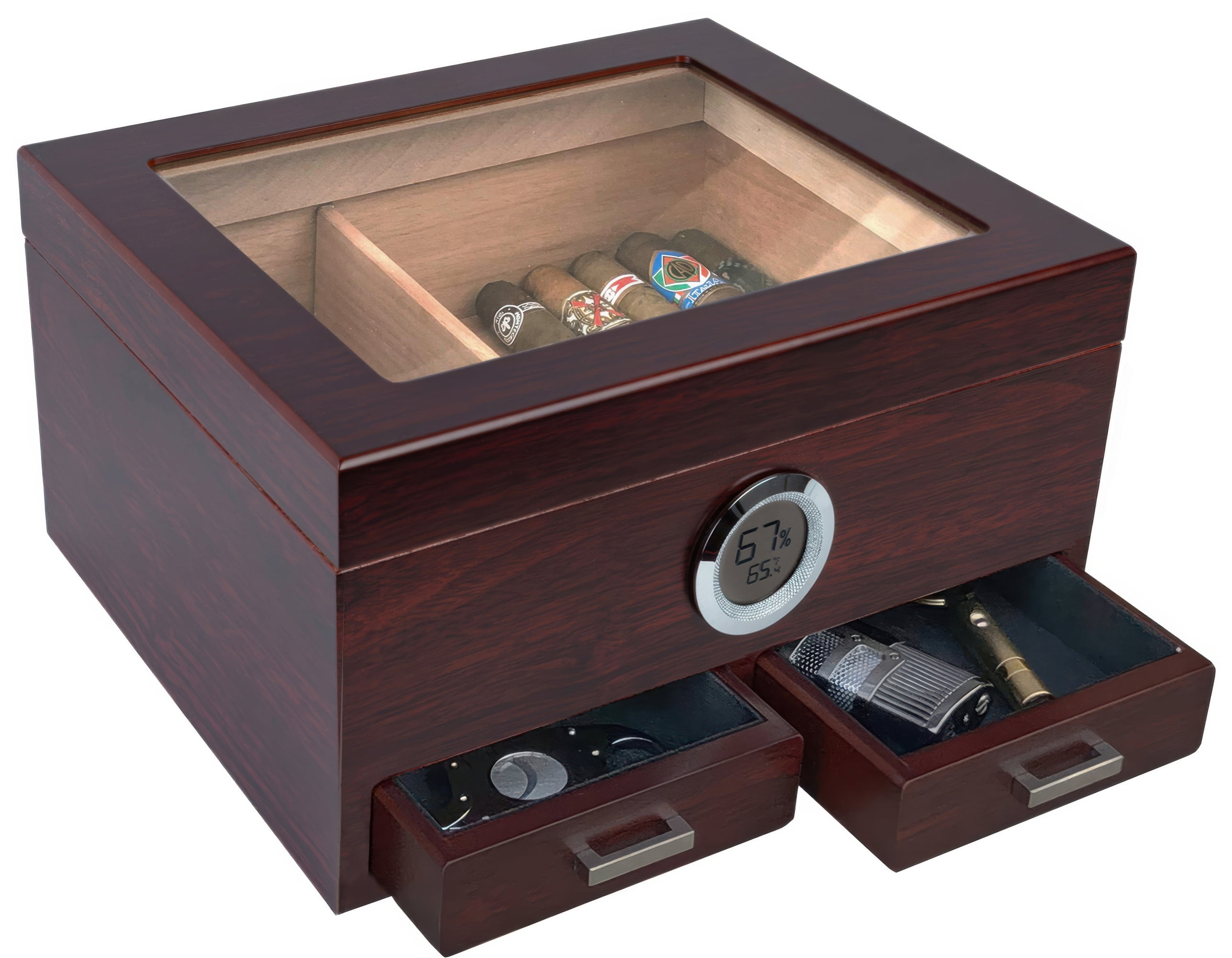 Prestige Import Group Chalet Glass Top Cigar Humidor with Digital Hydrometer & 2 Storage Drawers - 25 to 50 Capacity - Color: Cherry
