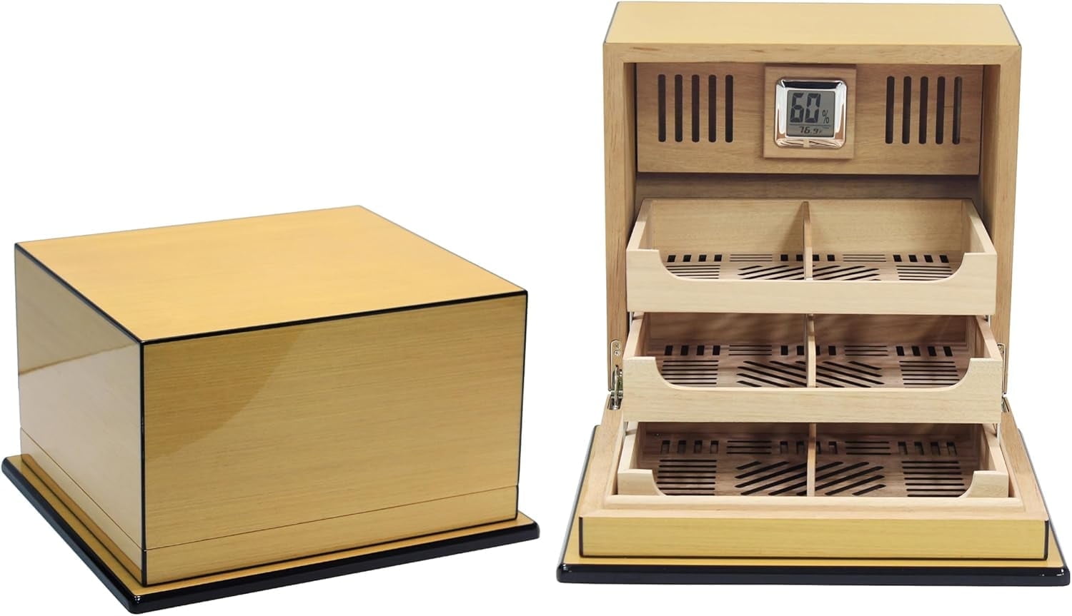 Prestige Import Group Elevate Lacquer Humidor w/ Articulating Multi-Tier Tray System - Capacity: Holds up to 150 Cigars - Pear Wood Finish