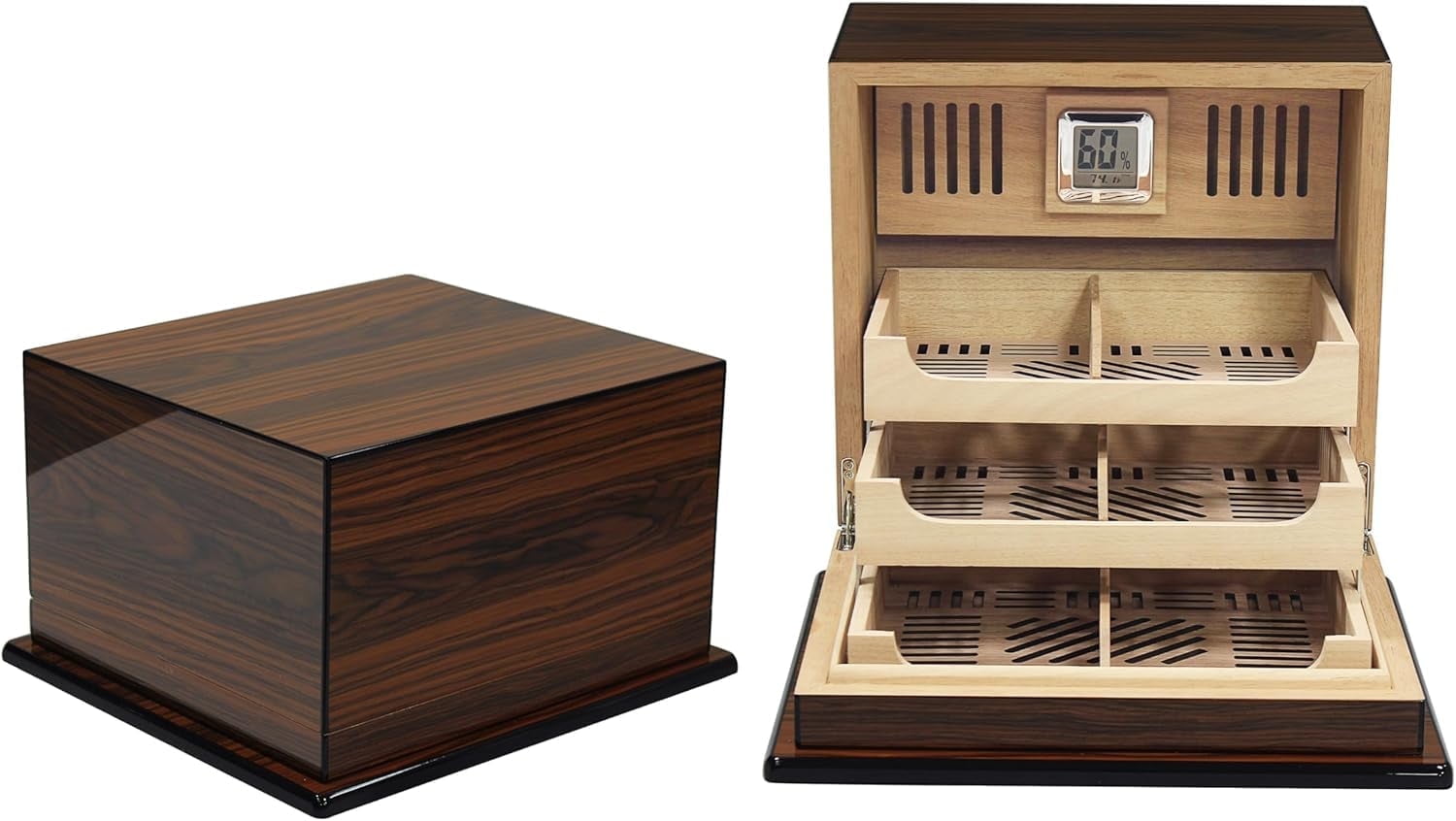 Prestige Import Group Elevate Lacquer Humidor w/ Articulating Multi-Tier Tray System - Capacity: Holds up to 150 Cigars - Rio Rosewood Finish