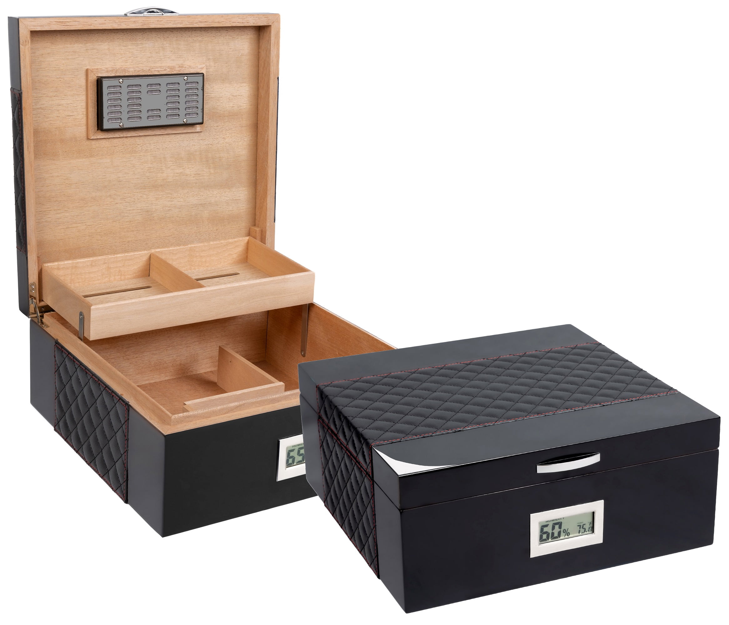Prestige Import Group - Hampton Diamond Stitch Leather & Lacquer Finish Cigar Humidor - Capacity: Up to 200 - Color: Black