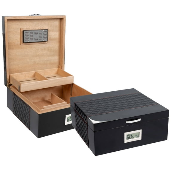 Prestige Import Group - Hampton Diamond Stitch Leather & Lacquer Finish Cigar Humidor - Capacity: Up to 200 - Color: Black