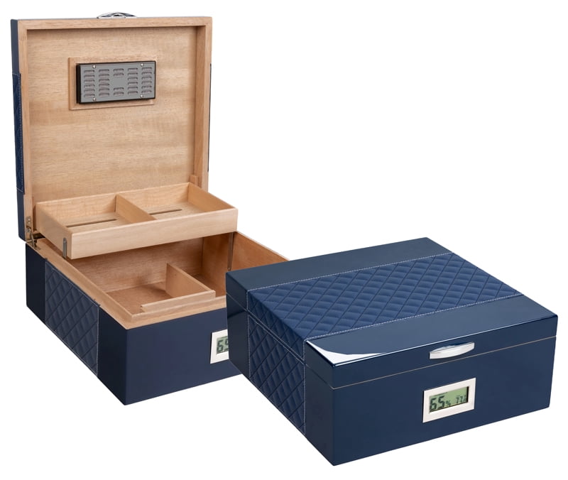 Prestige Import Group - Hampton Diamond Stitch Leather & Lacquer Finish Cigar Humidor - Capacity: Up to 200 - Color: Royal Blue